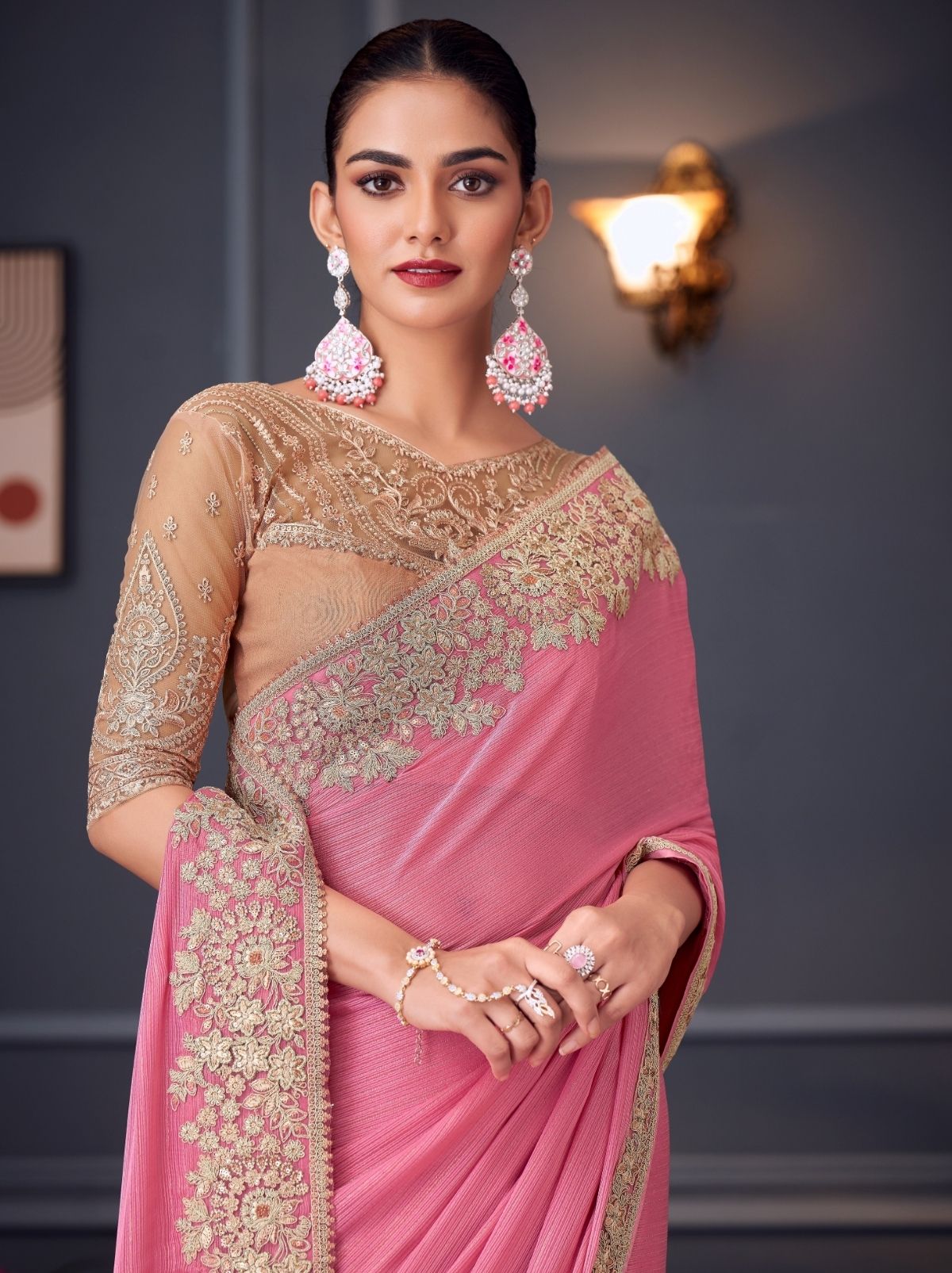 Rose Pink Party Designer Saree - TrendOye