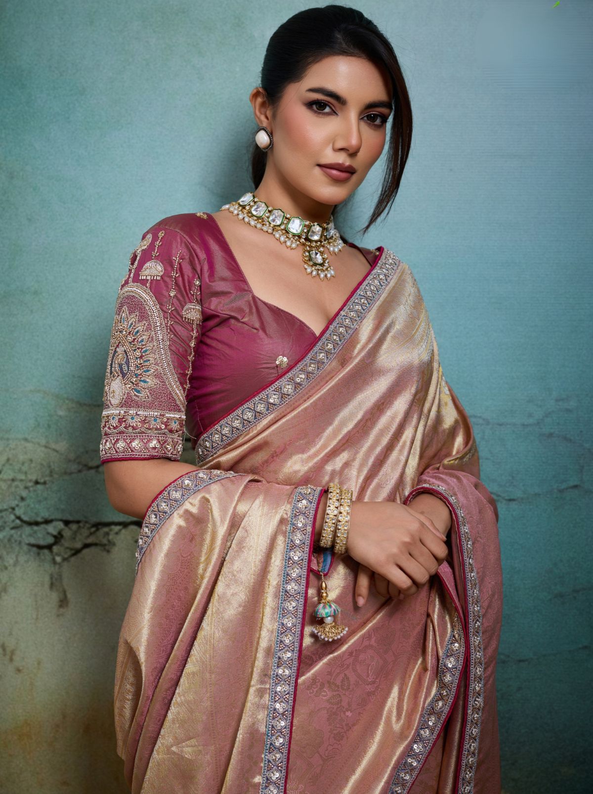 Flamingo Pink Premium Designer Tissue Banarasi Saree With Blouse Piece