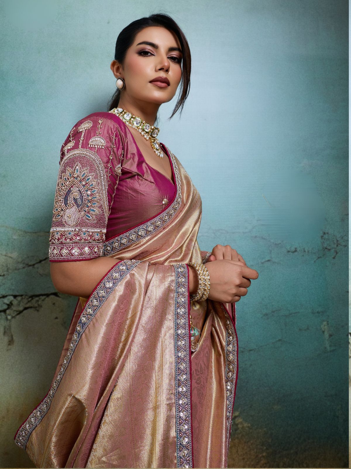 Flamingo Pink Premium Designer Tissue Banarasi Saree With Blouse Piece