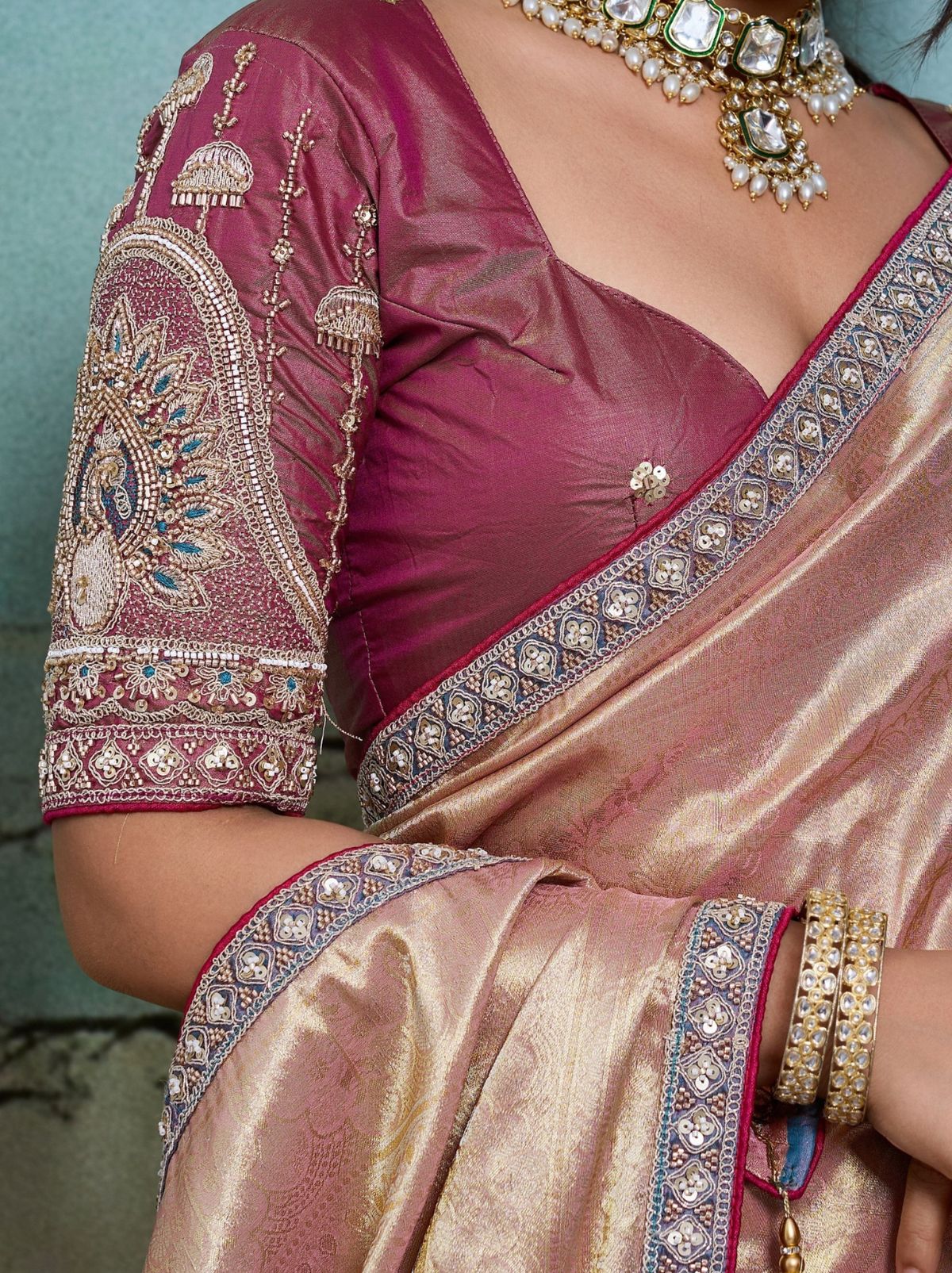Flamingo Pink Premium Designer Tissue Banarasi Saree With Blouse Piece