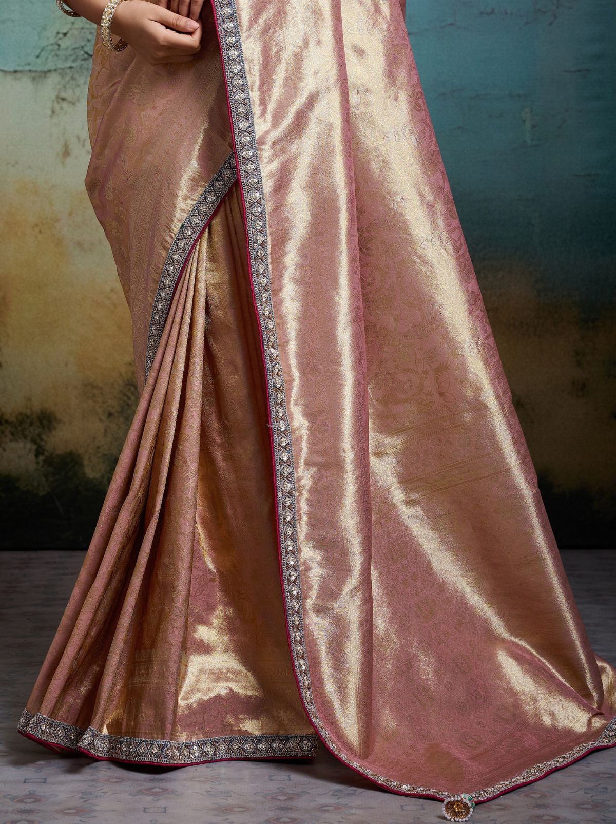 Flamingo Pink Premium Designer Tissue Banarasi Saree With Blouse Piece