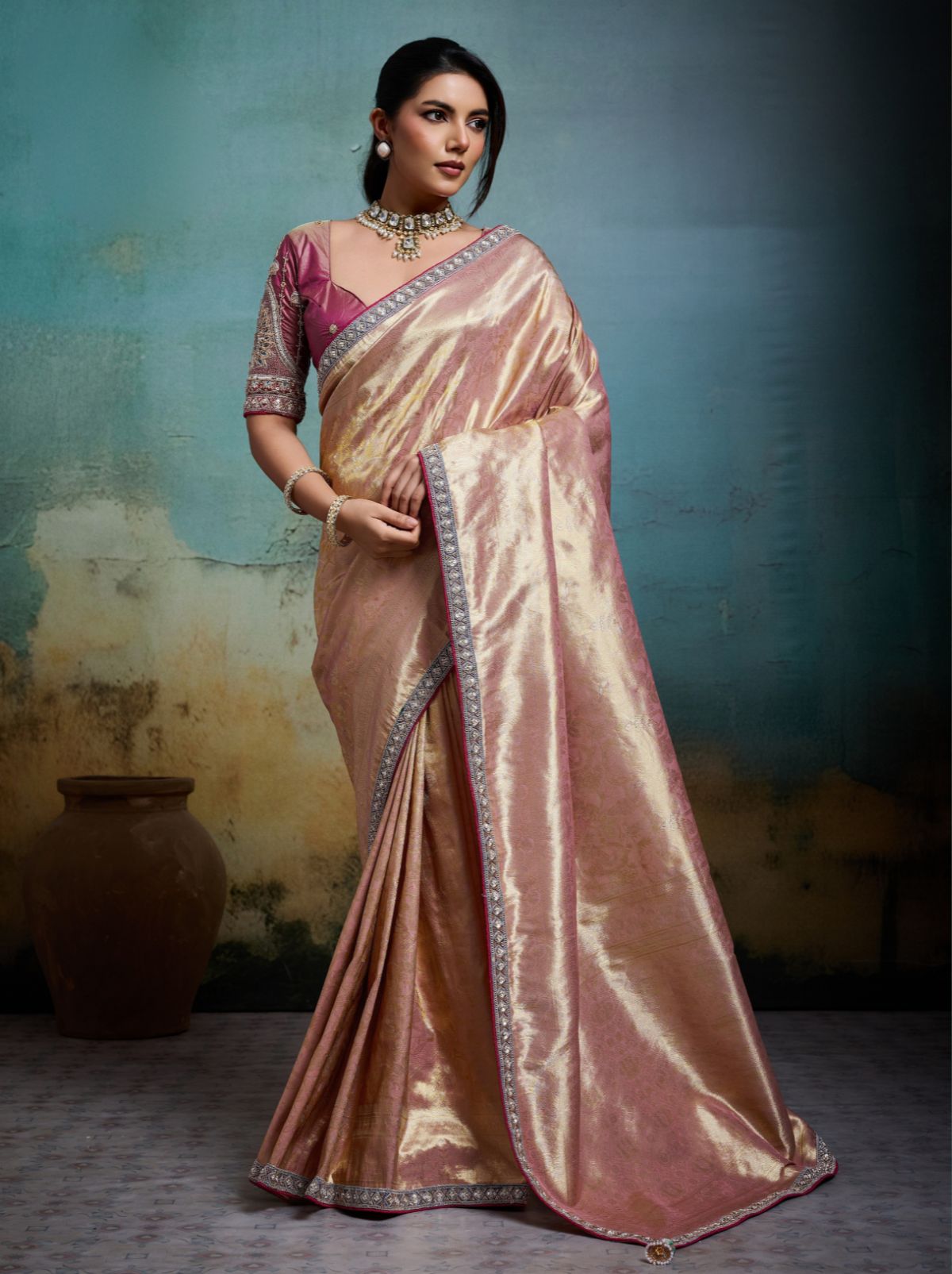 Flamingo Pink Premium Designer Tissue Banarasi Saree With Blouse Piece