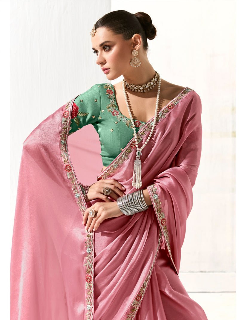 Bubblegum Pink Organza Tissue Fancy Designer Saree With Blouse Piece