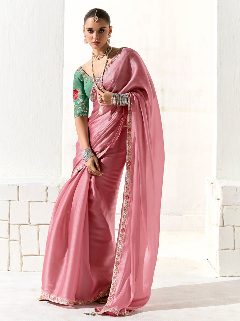Bubblegum Pink Organza Tissue Fancy Designer Saree With Blouse Piece