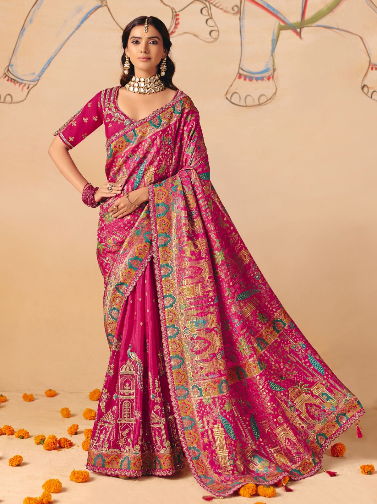 Cerise Pink Premium Dola Silk Embroidered Designer Saree