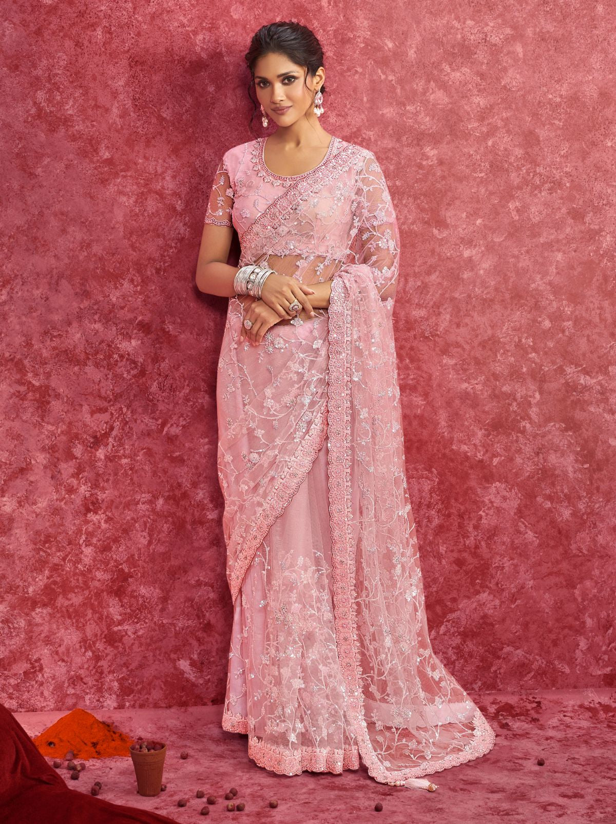 Carnation Pink Designer Fancy Sequin Saree With Tassels