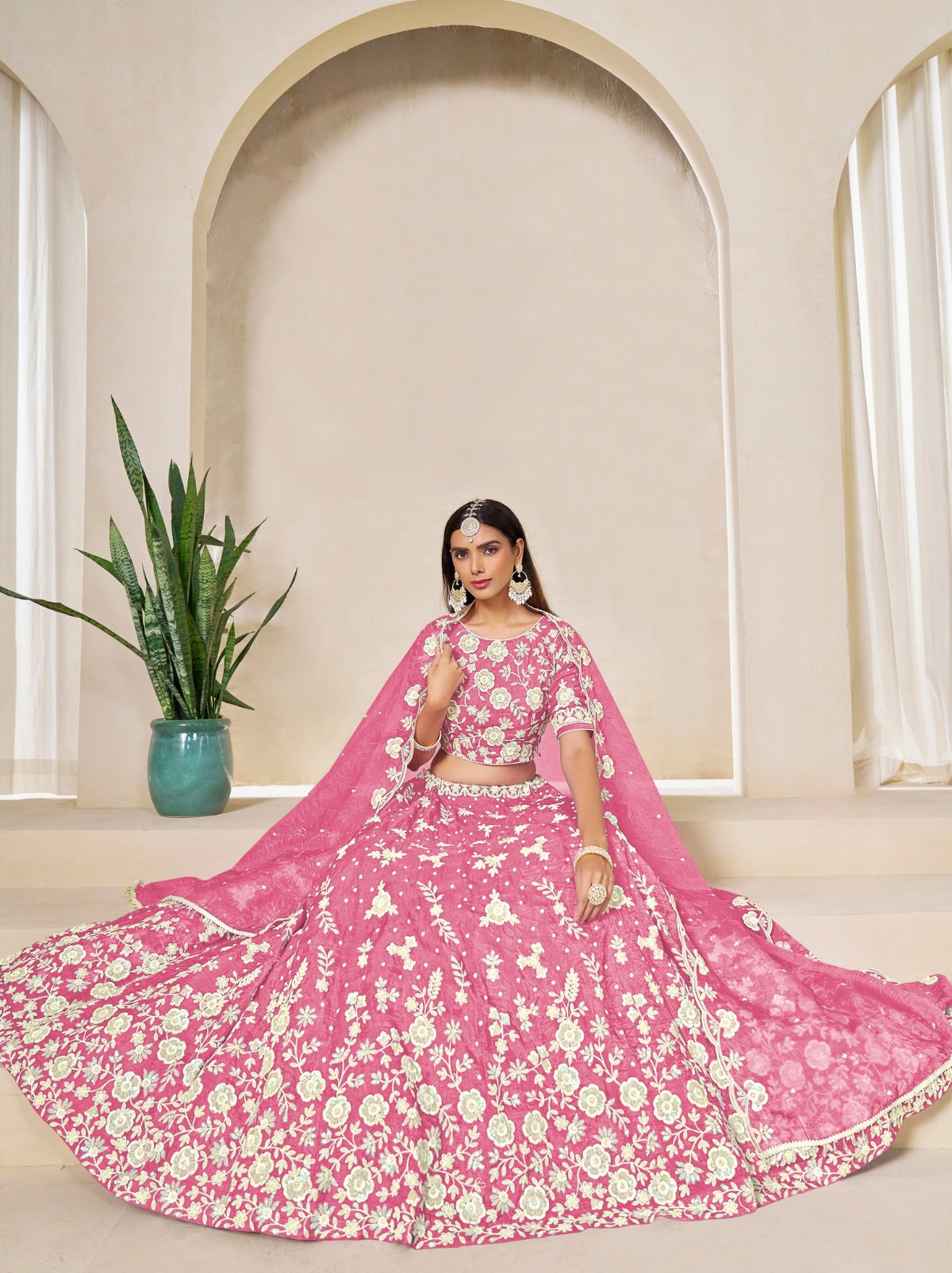 Creamy Pink Premium Festive Lehenga Set With Sequin And Zari Work - TrendOye