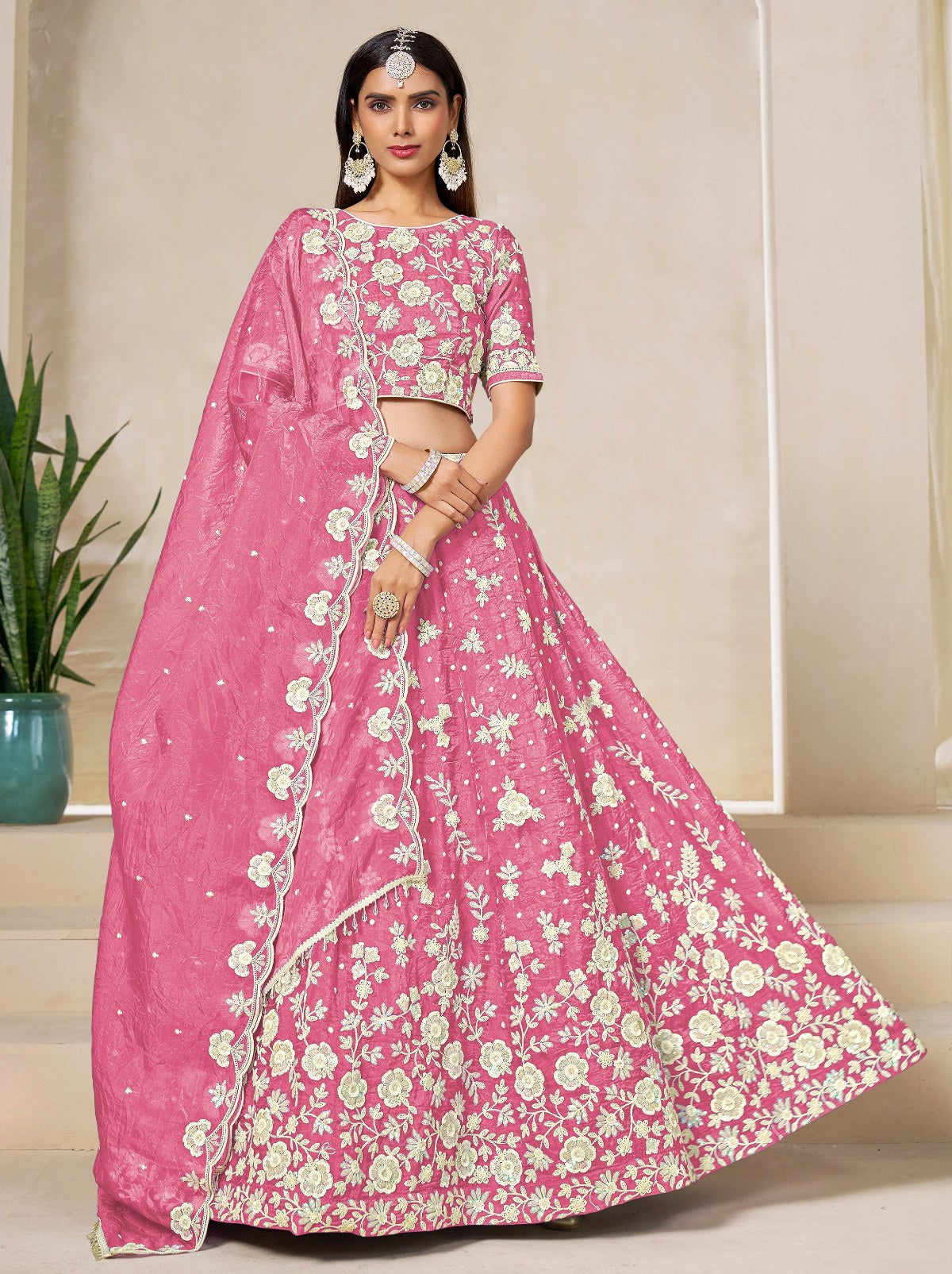 Creamy Pink Premium Festive Lehenga Set With Sequin And Zari Work - TrendOye