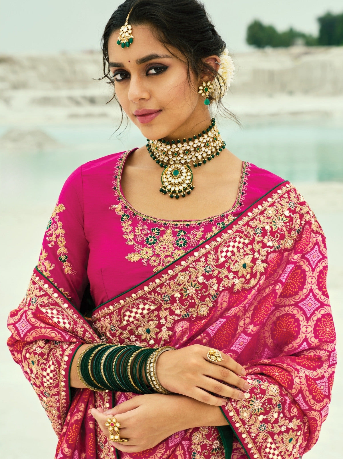 Ruby Pink Premium Georgette Wedding Saree With Bandhej Work