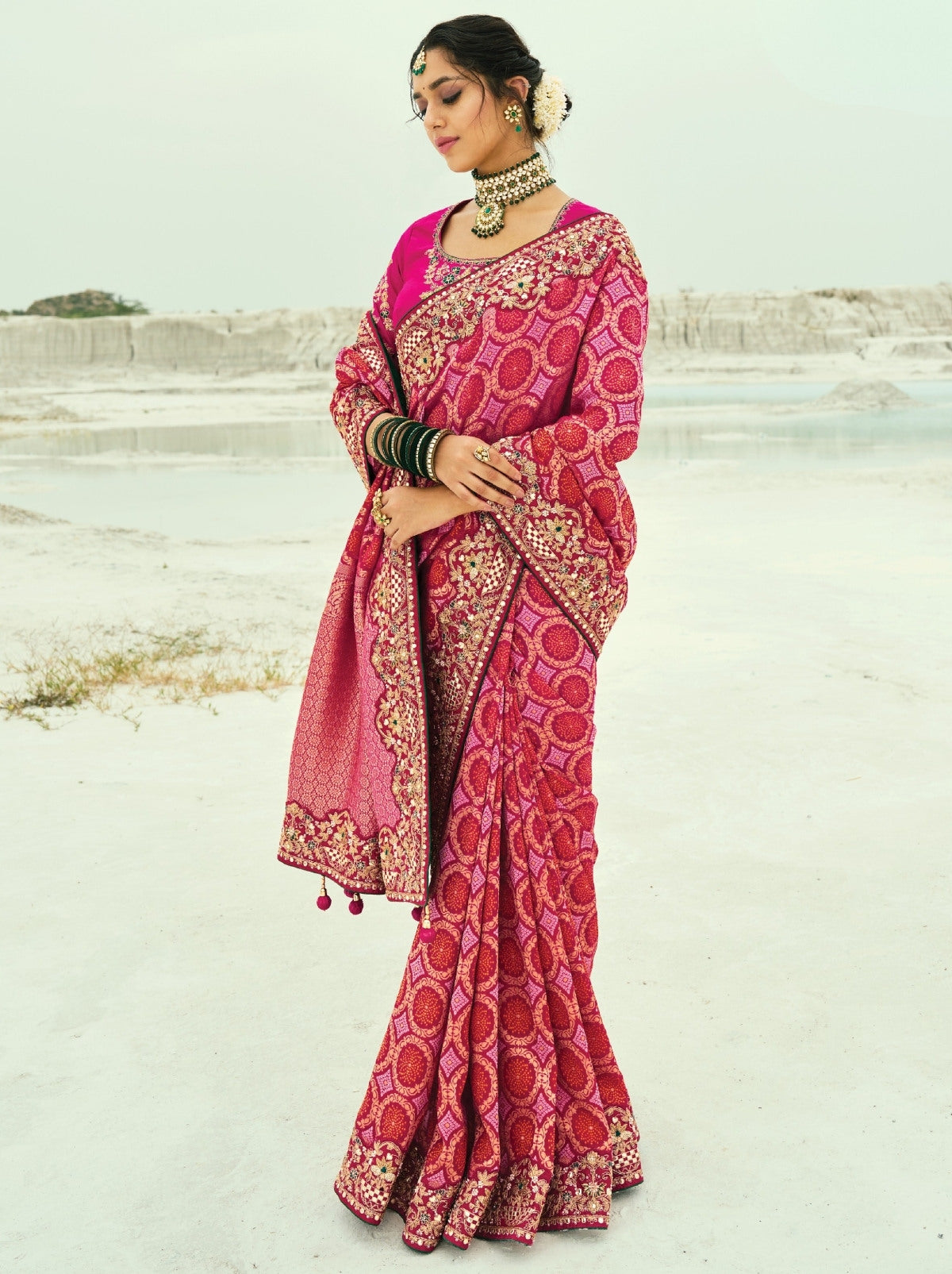Ruby Pink Premium Georgette Wedding Saree With Bandhej Work