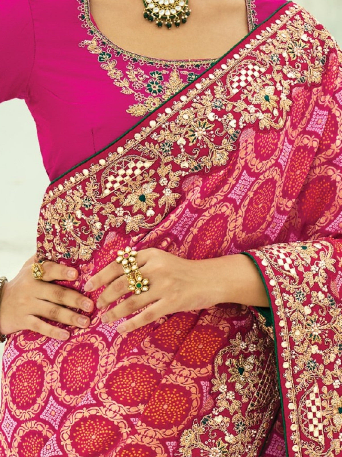 Ruby Pink Premium Georgette Wedding Saree With Bandhej Work