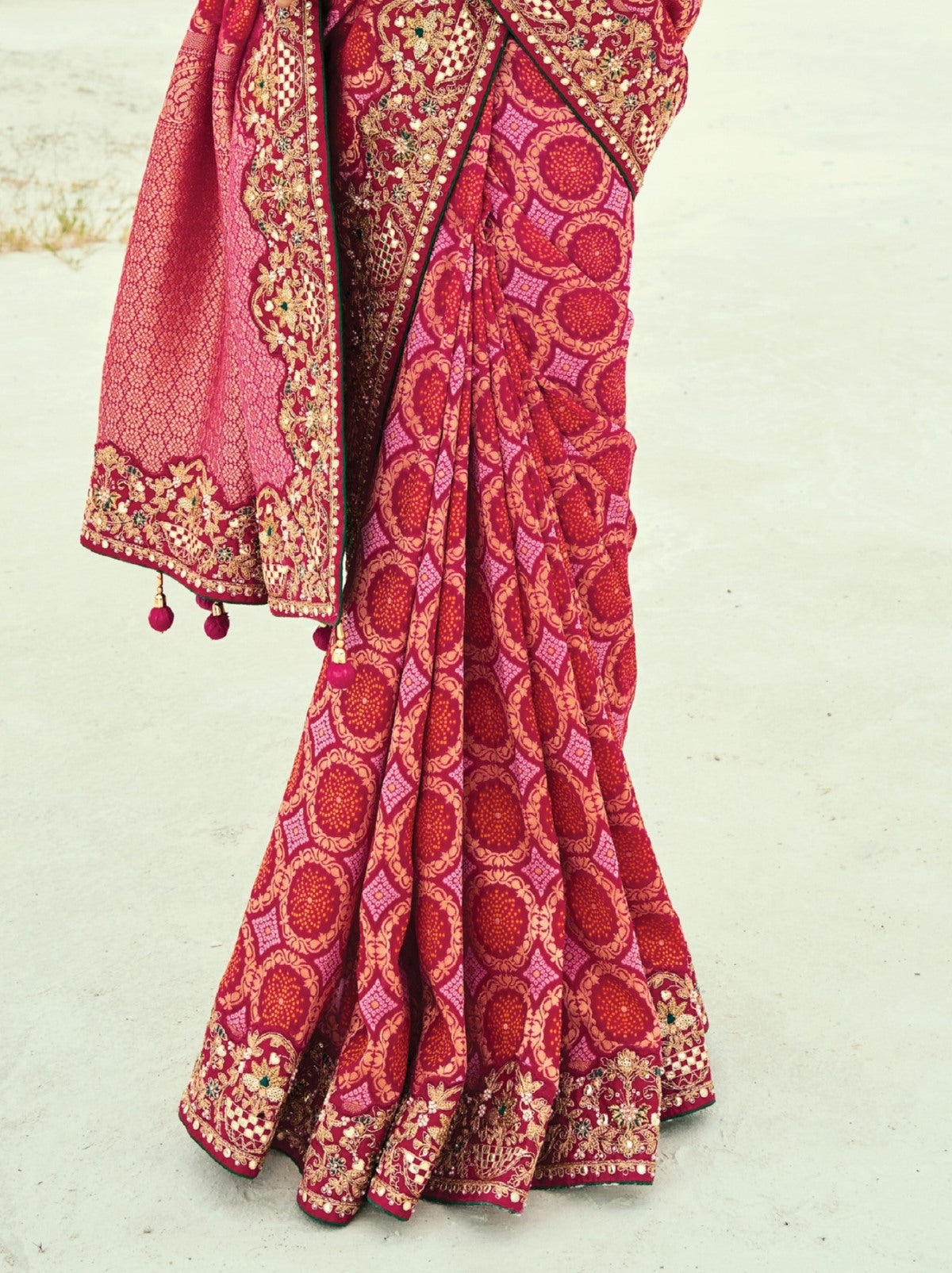 Ruby Pink Premium Georgette Wedding Saree With Bandhej Work