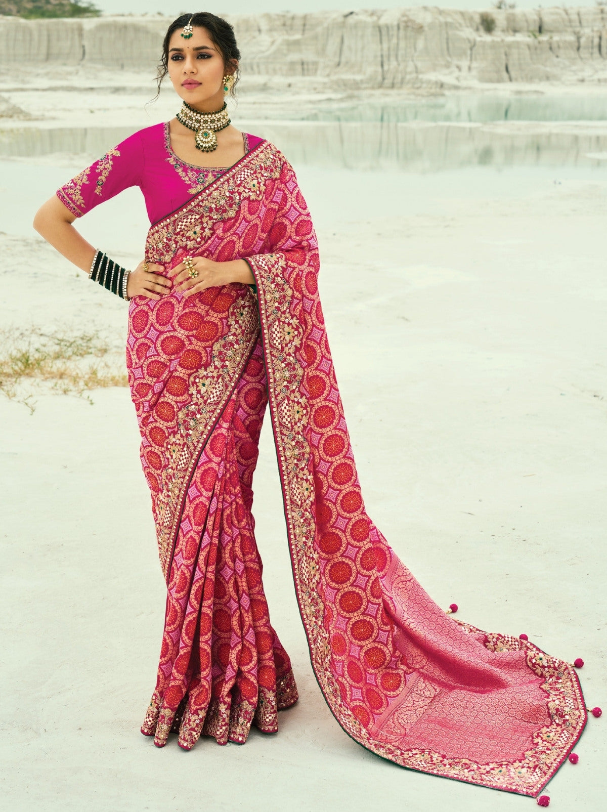 Ruby Pink Premium Georgette Wedding Saree With Bandhej Work