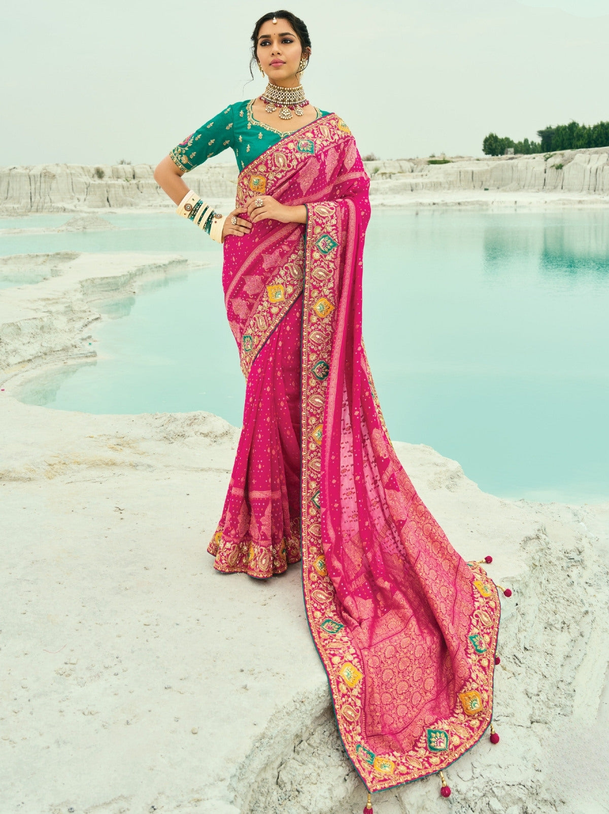 Magenta Pink Premium Georgette Wedding Saree With Bandhej Work