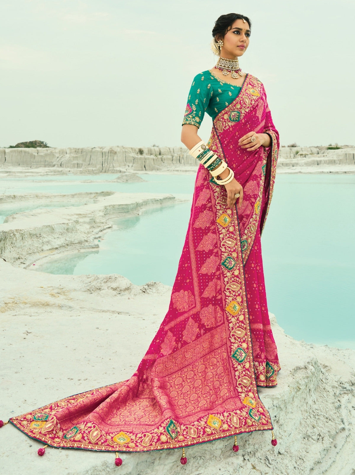 Magenta Pink Premium Georgette Wedding Saree With Bandhej Work