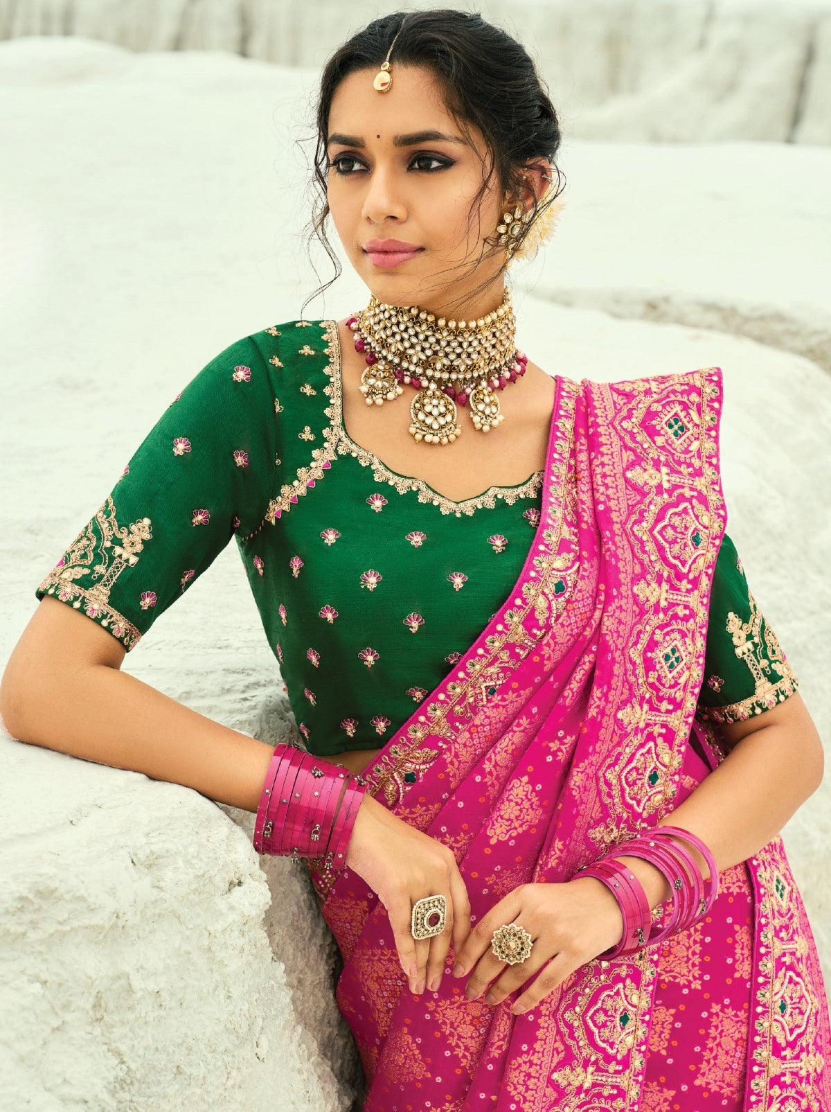 Barbie Pink Exclusive Georgette Wedding Saree With Bandhej Work
