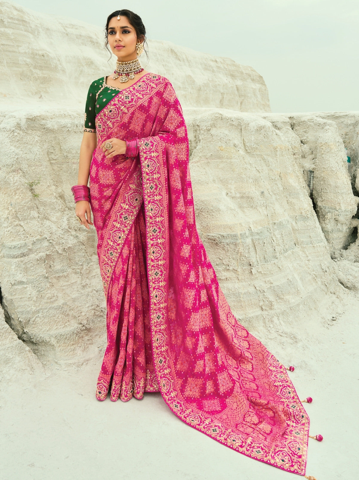 Barbie Pink Exclusive Georgette Wedding Saree With Bandhej Work
