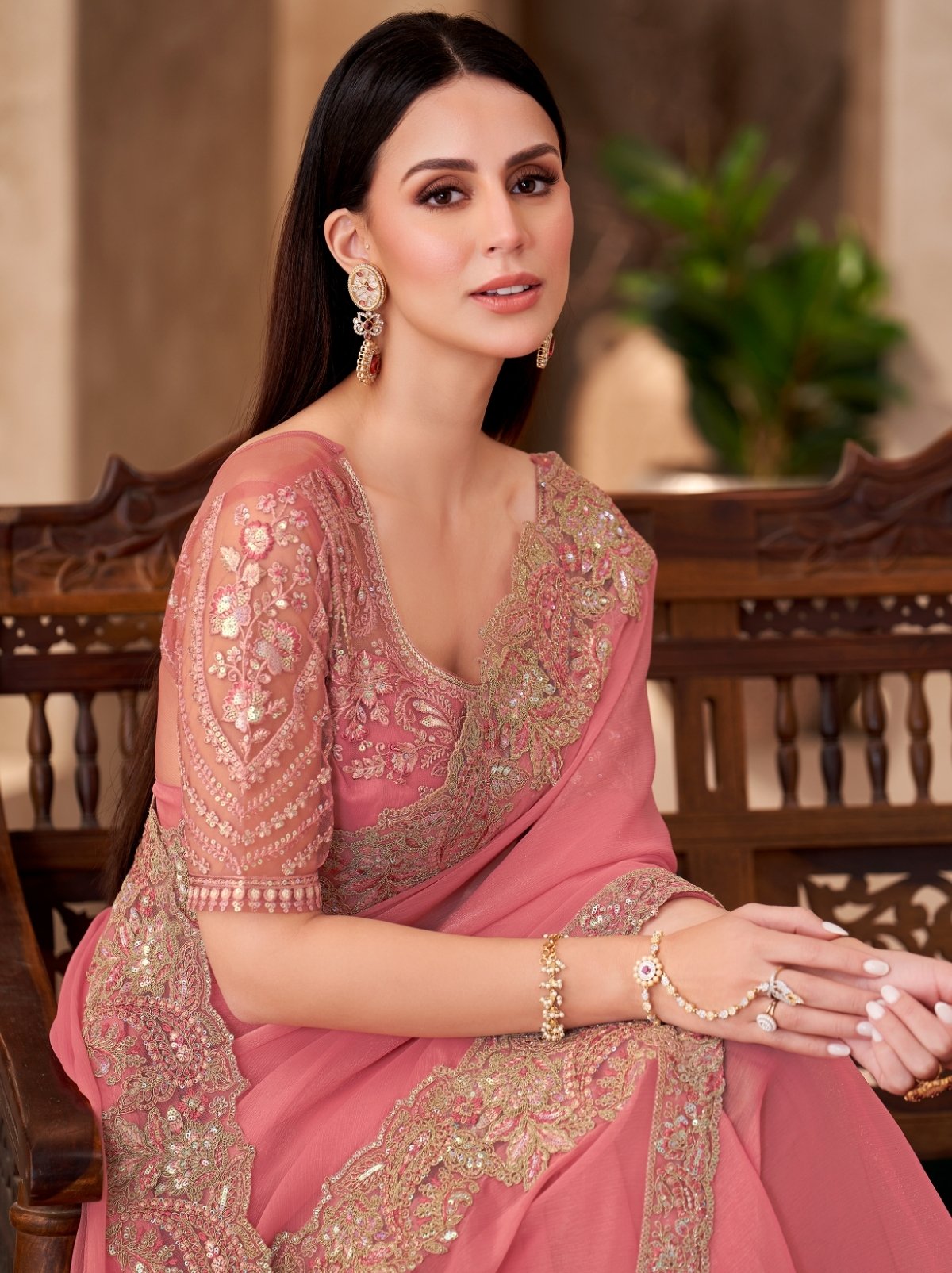 Flamingo Pink Premium Georgette Saree With Blouse Piece