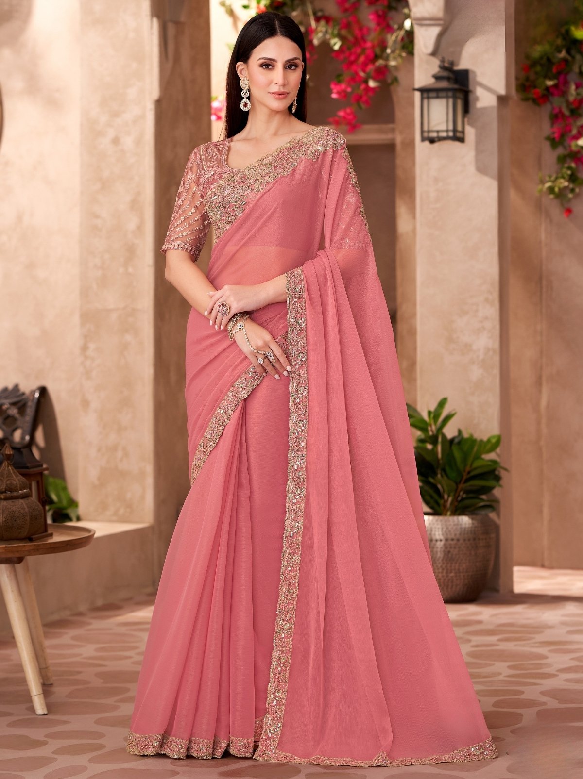 Flamingo Pink Premium Georgette Saree With Blouse Piece