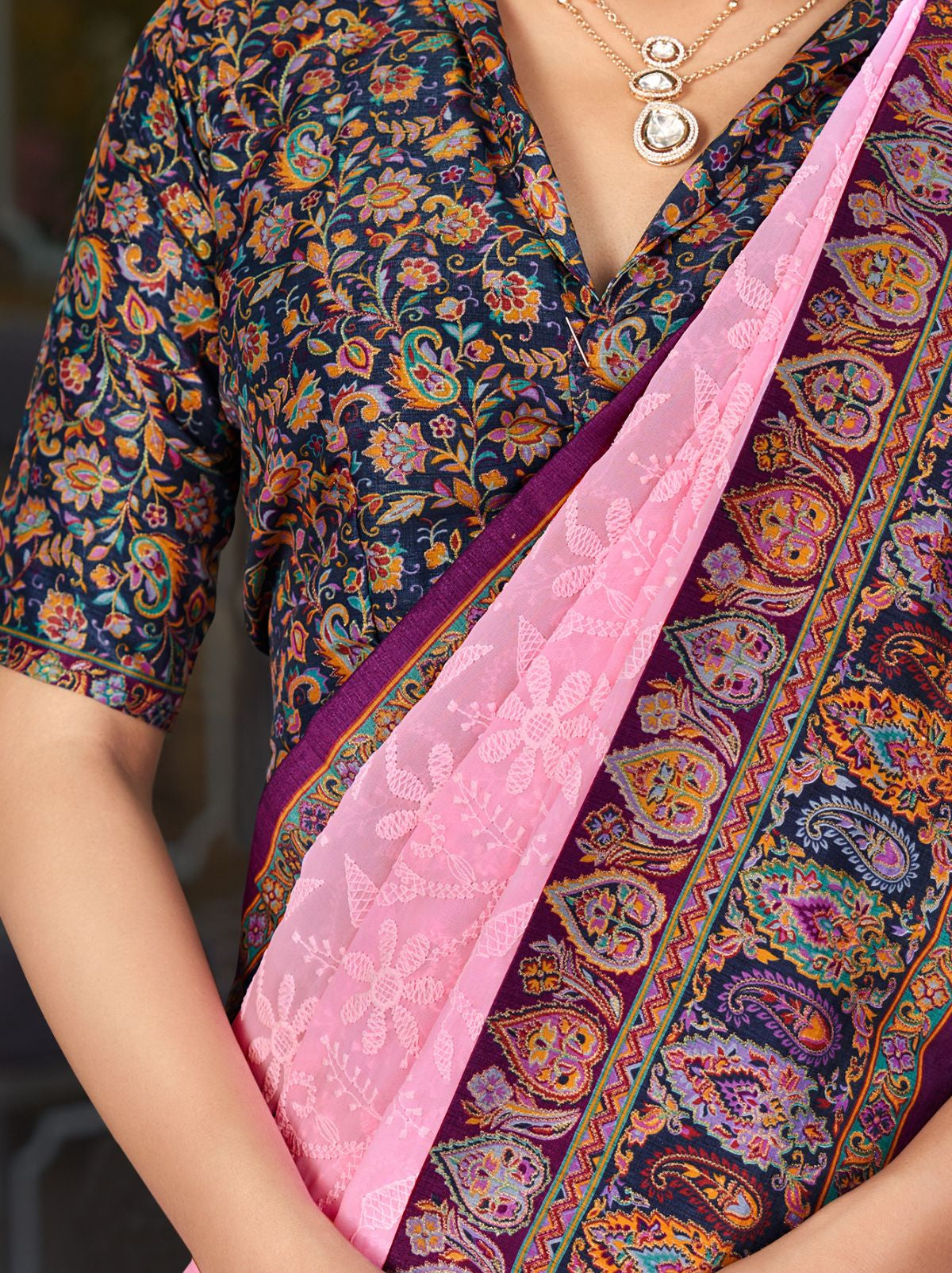 Rose Pink Premium Georgette Saree With Lucknowi Chikan Work