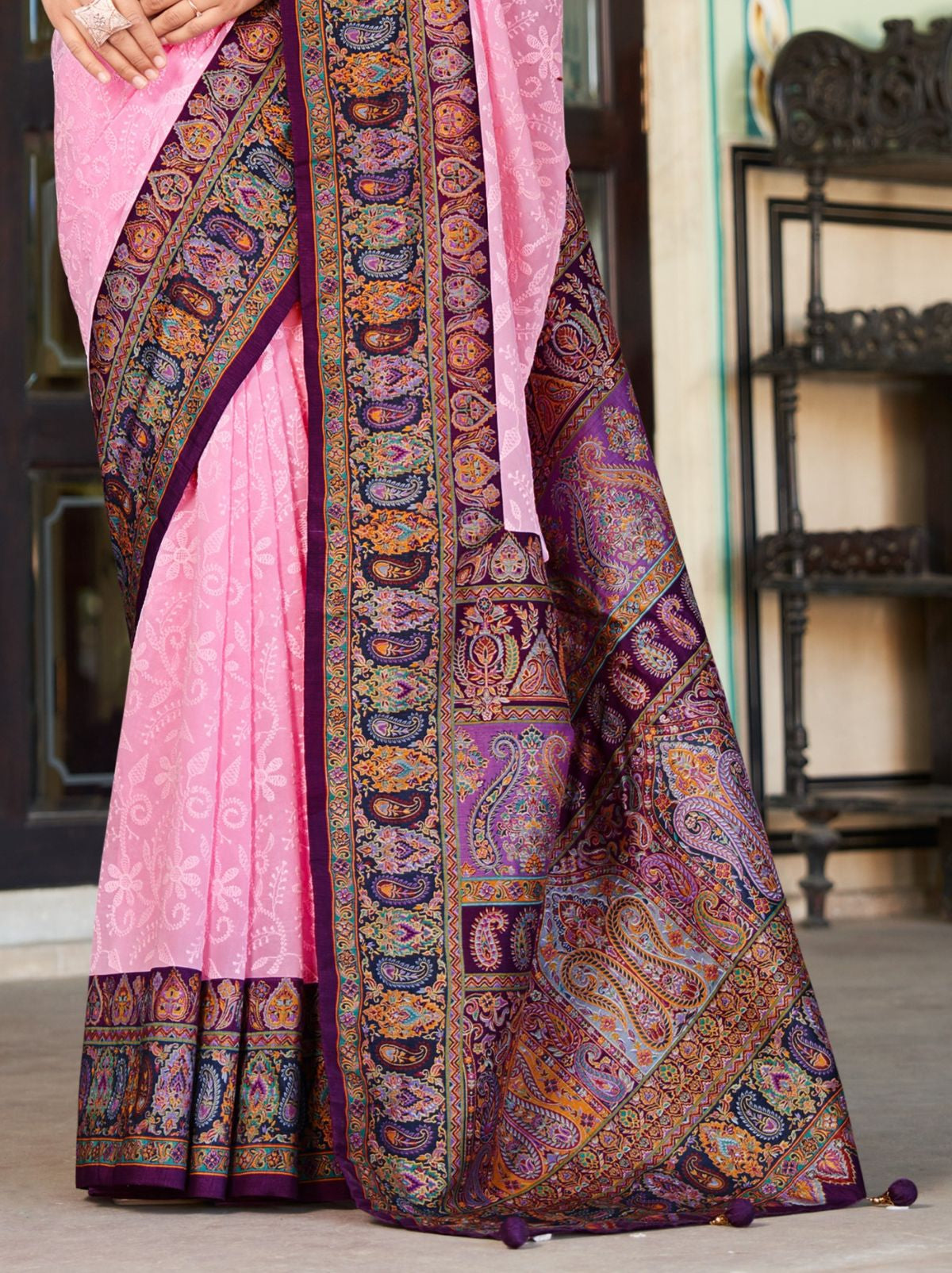 Rose Pink Premium Georgette Saree With Lucknowi Chikan Work