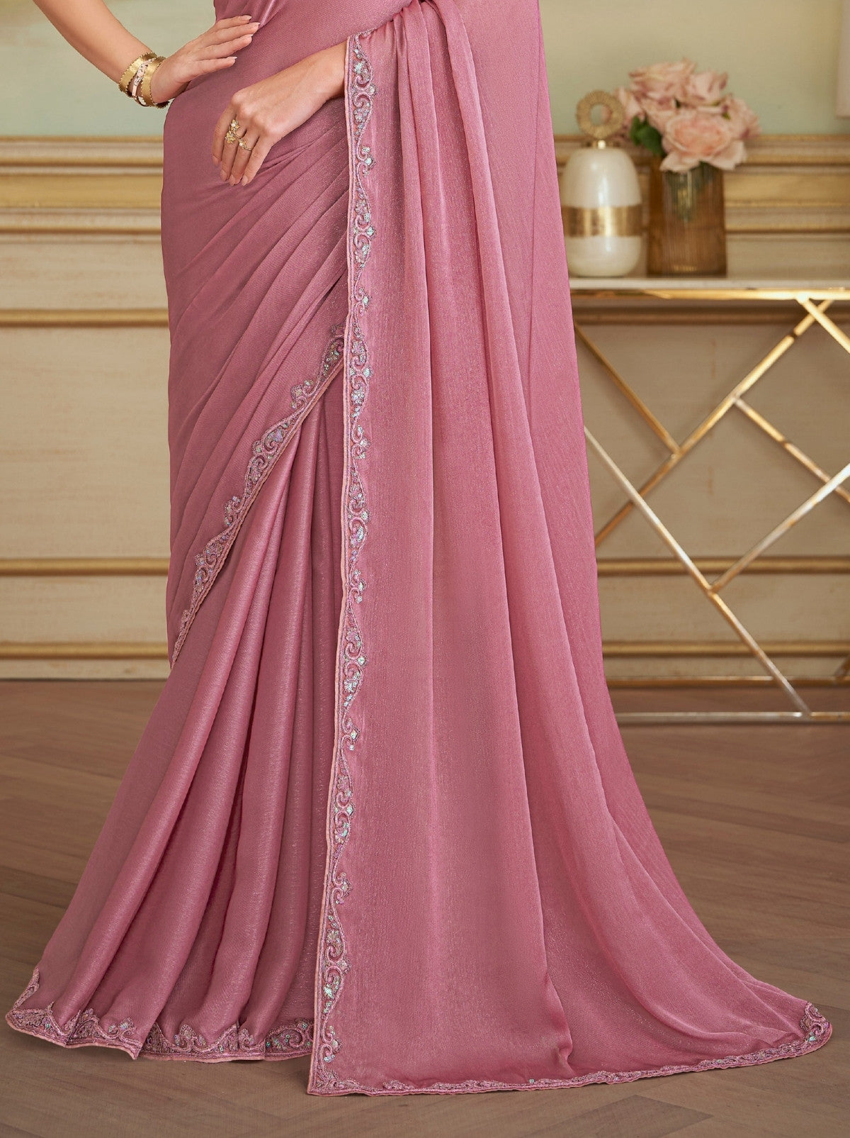 Rose Pink Premium Georgette Silk Saree For Wedding & Parties