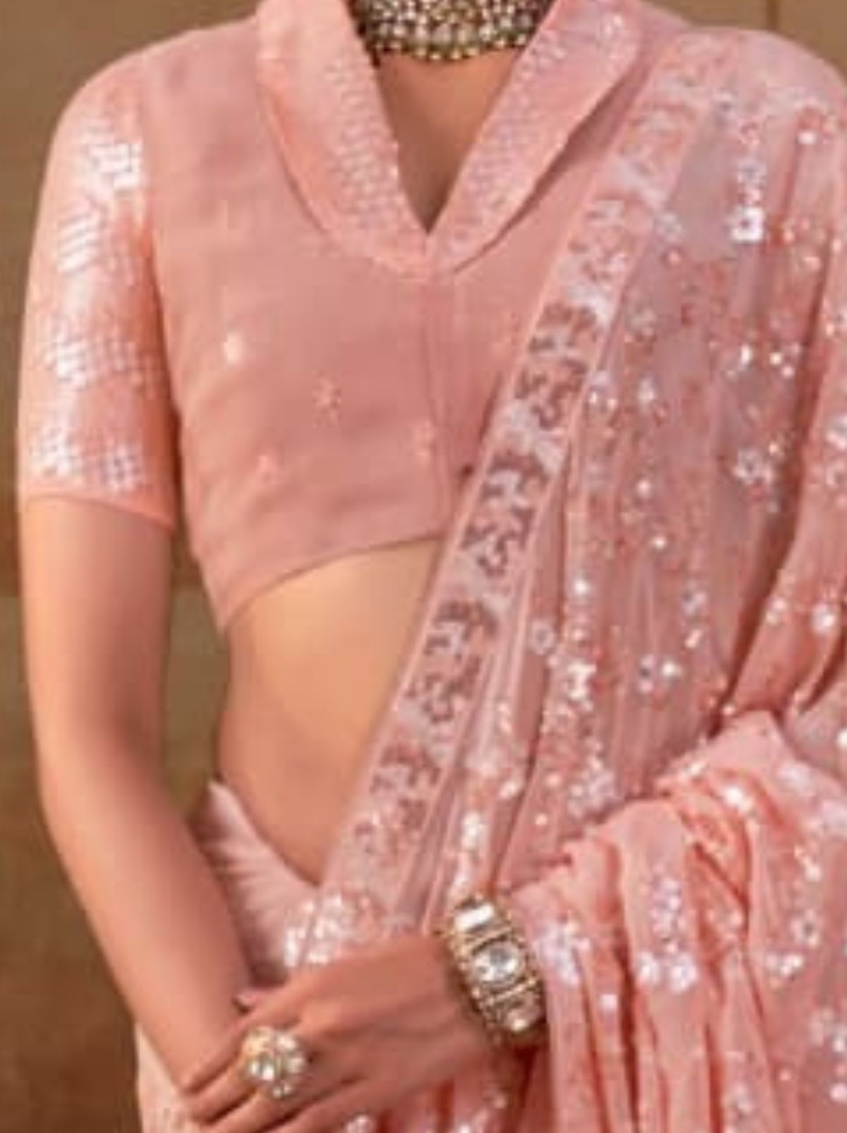 Peach Pink Premium Georgette Silk Saree Sequin & Thread Work