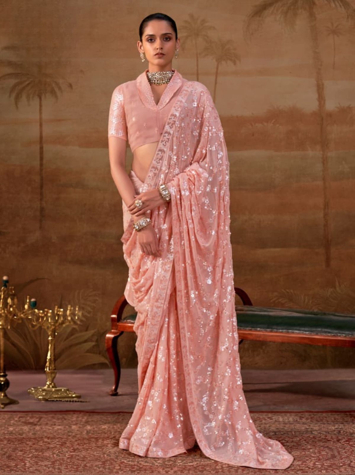 Peach Pink Premium Georgette Silk Saree Sequin & Thread Work
