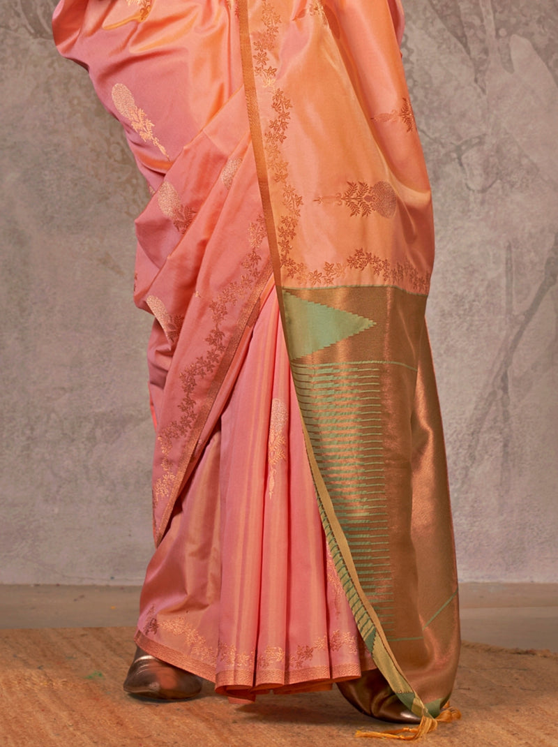 Peach Pink Designer Two Tone Handloom Silk Saree With Zari Work