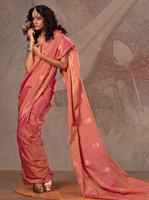 Punch Pink Designer Two Tone Handloom Silk Saree With Zari Work
