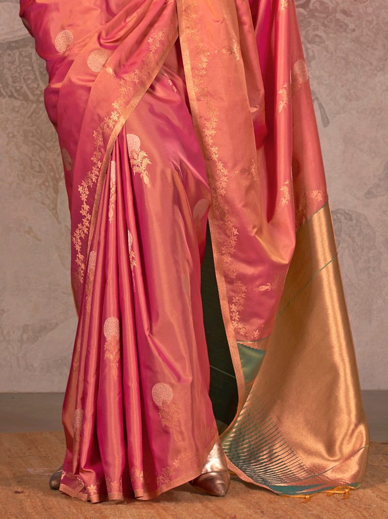 Punch Pink Designer Two Tone Handloom Silk Saree With Zari Work