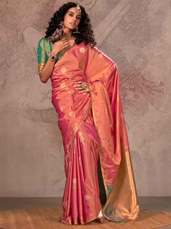 Punch Pink Designer Two Tone Handloom Silk Saree With Zari Work