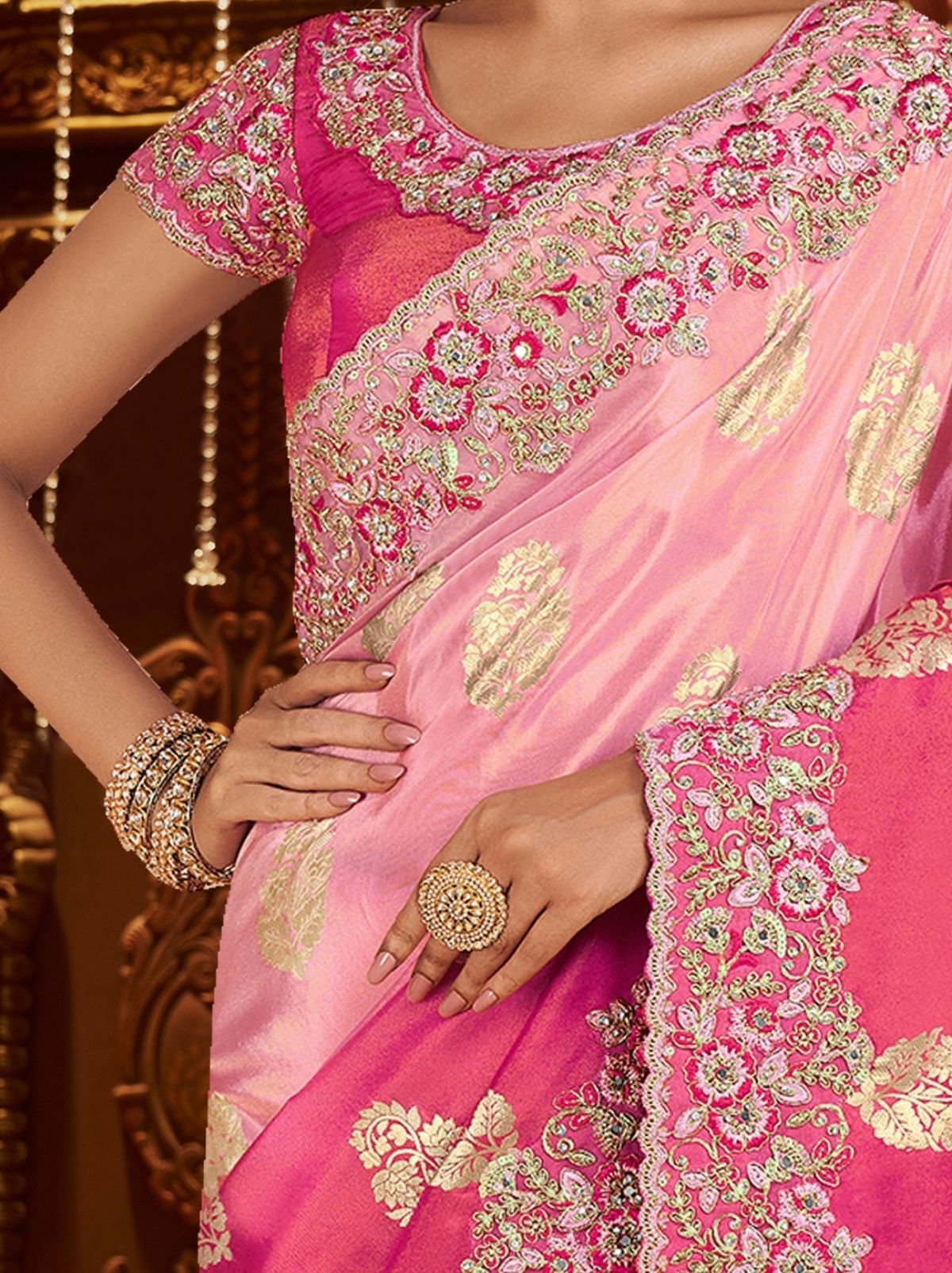Pink Ombre Premium Heavy Work Bridal Saree With Rich Border Design