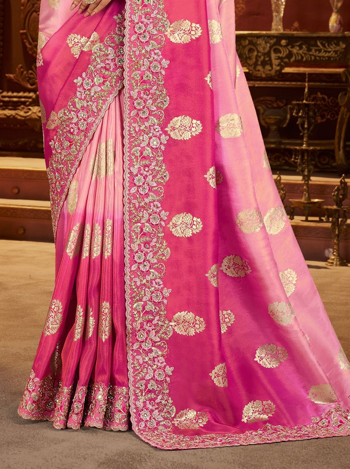 Pink Ombre Premium Heavy Work Bridal Saree With Rich Border Design