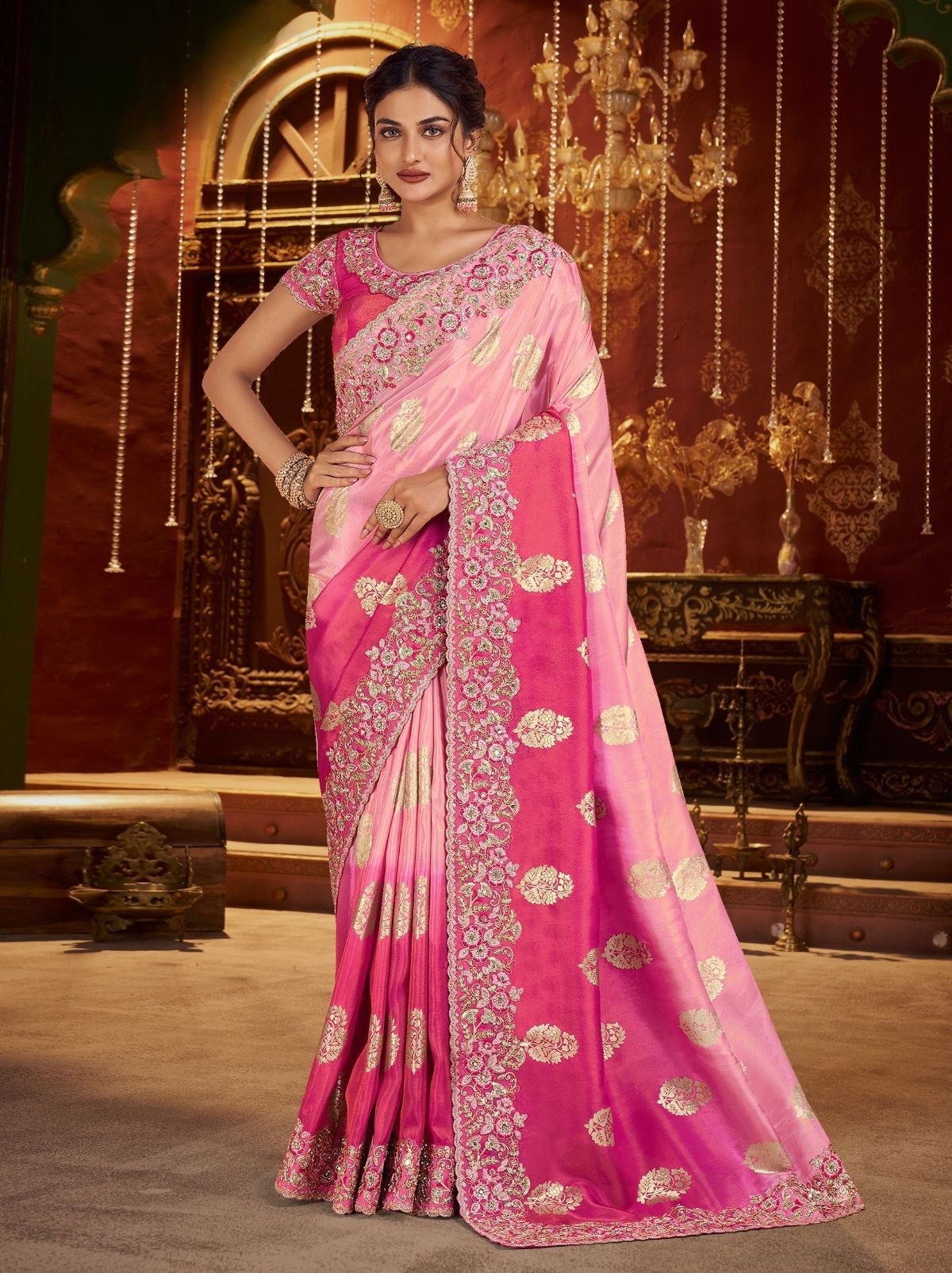 Pink Ombre Premium Heavy Work Bridal Saree With Rich Border Design