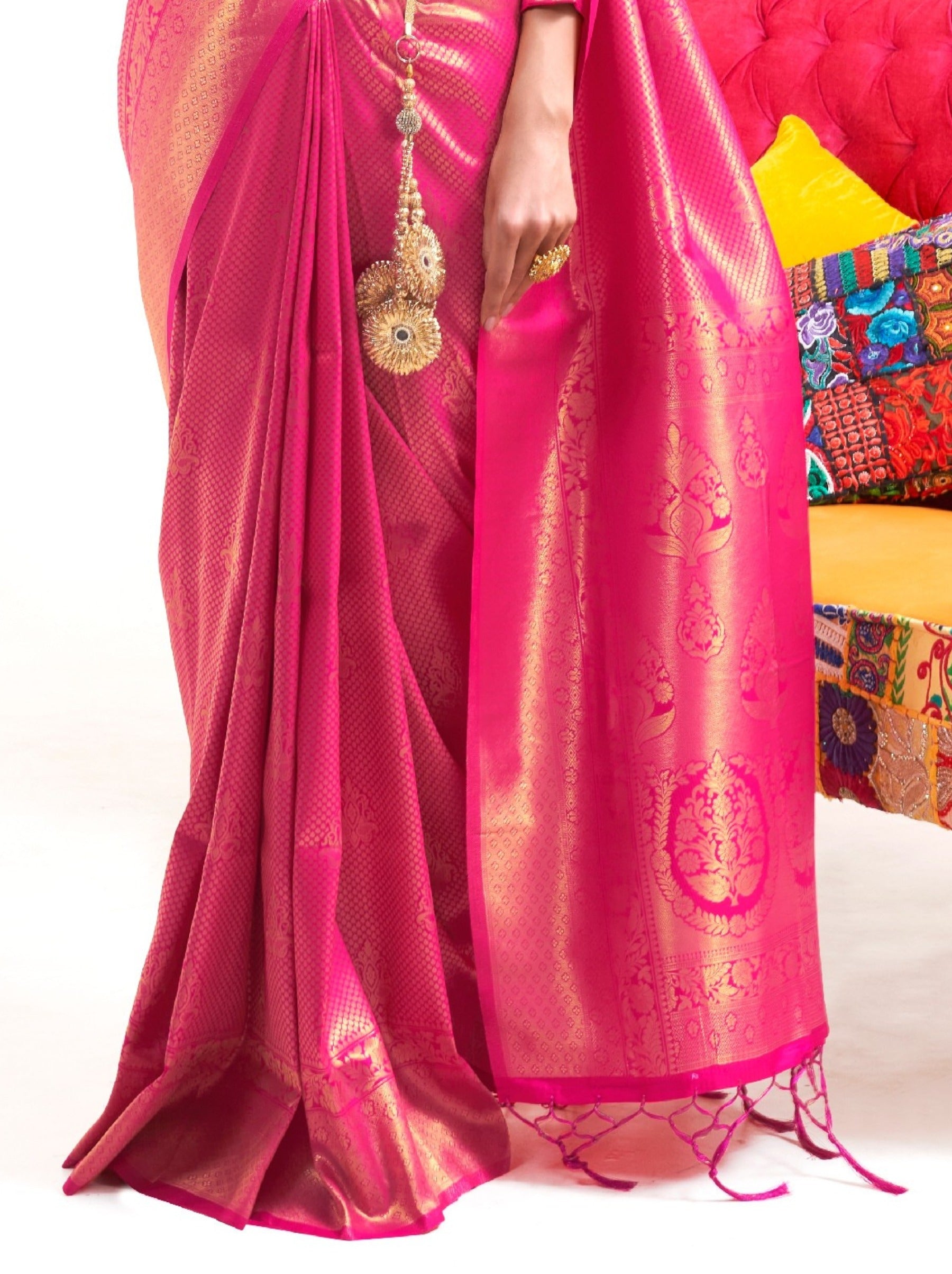 Magenta Pink Premium Kanjeevaram Silk Wedding Saree - TrendOye