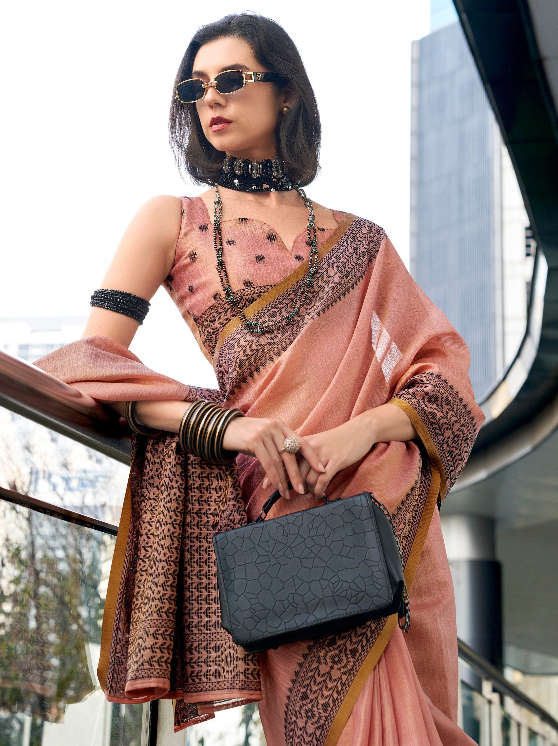 Brick Pink Premium Linen Tissue Celebration Saree - TrendOye
