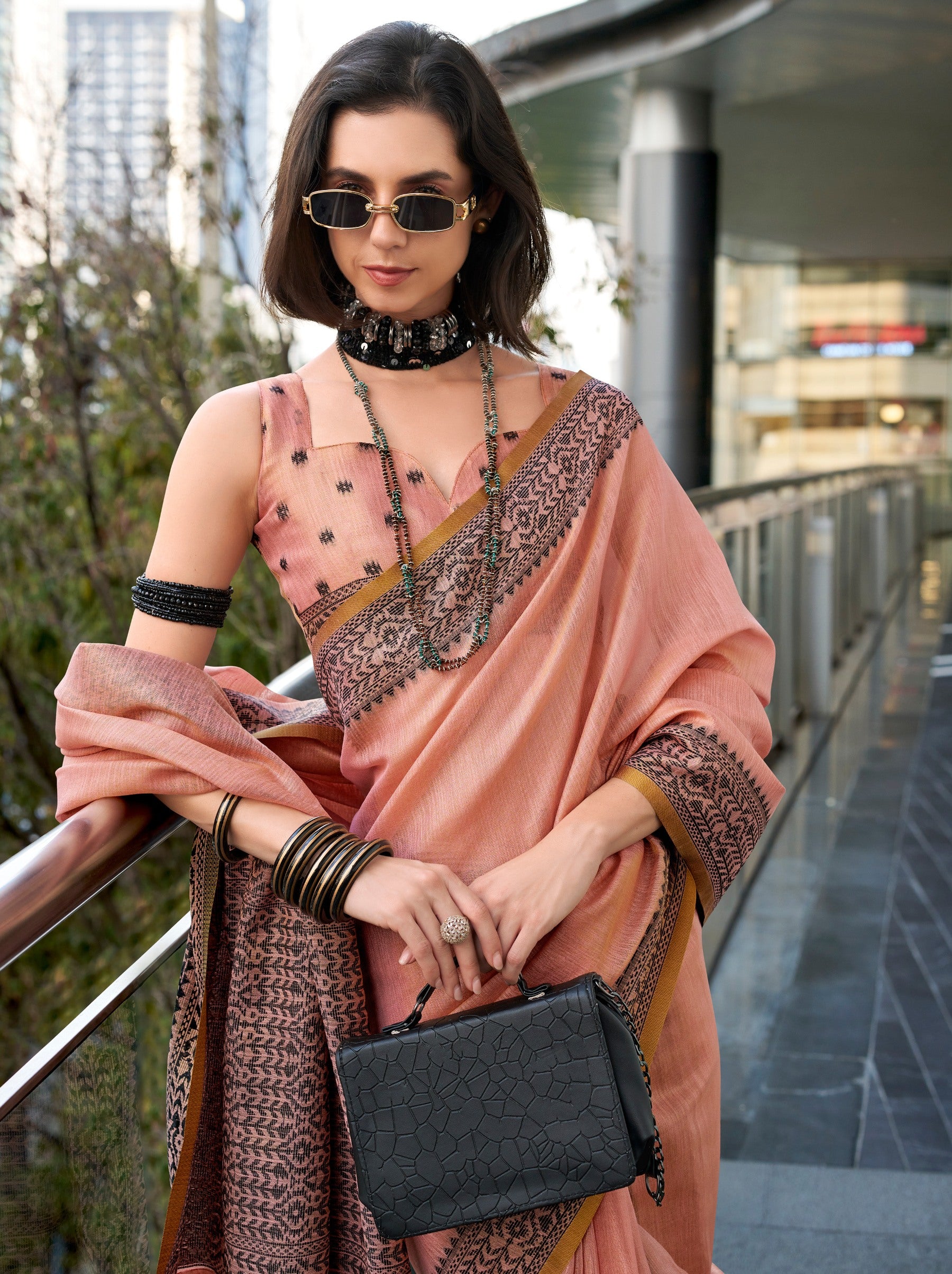 Brick Pink Premium Linen Tissue Celebration Saree - TrendOye