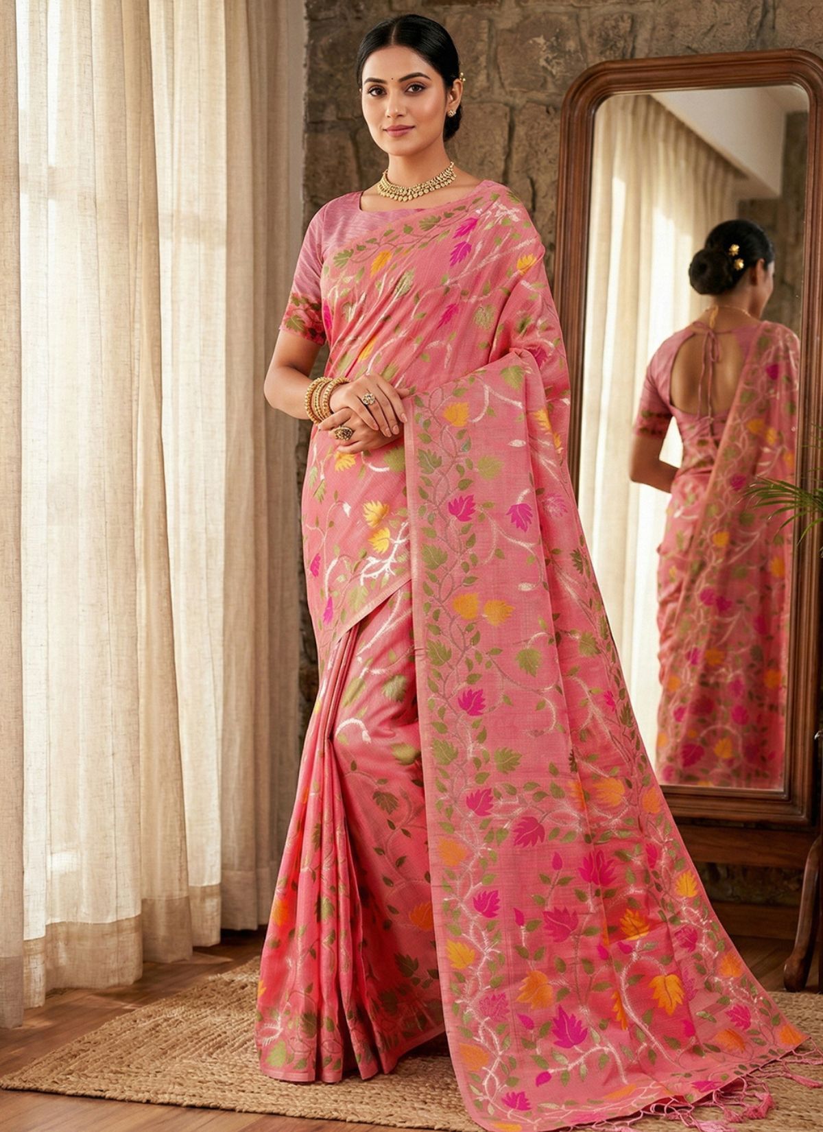 Brick Pink Premium Linen Cotton Saree With Floral Pattern - TrendOye