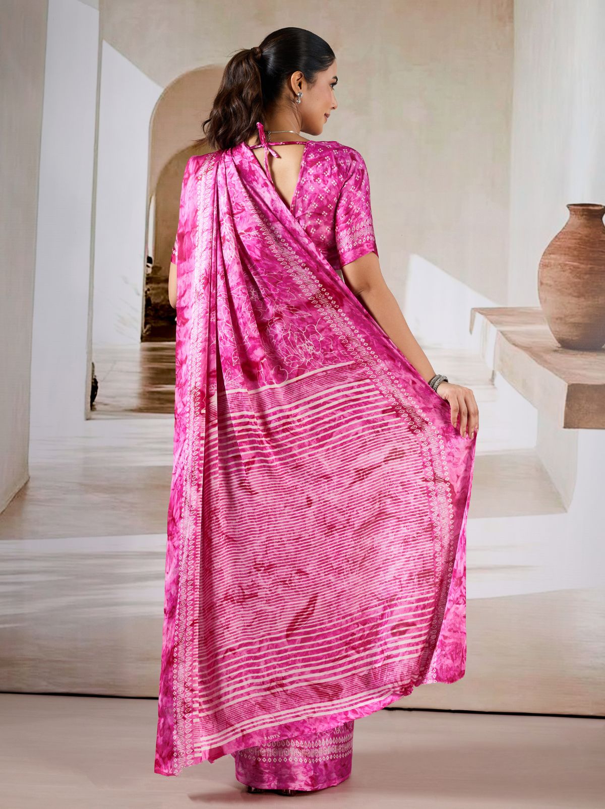 Hot Pink Premium Modal Satin Silk Saree - TrendOye