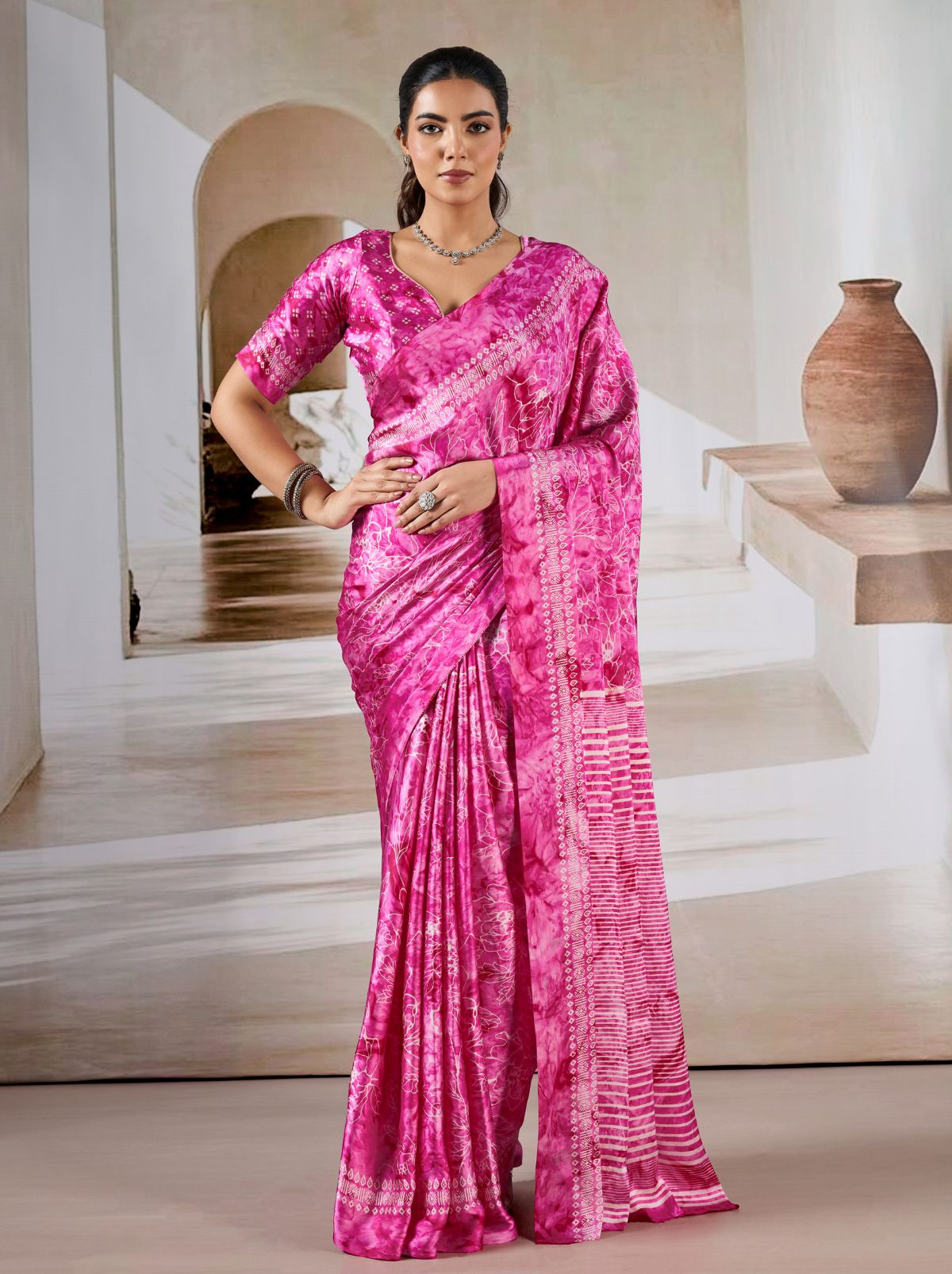 Hot Pink Premium Modal Satin Silk Saree - TrendOye