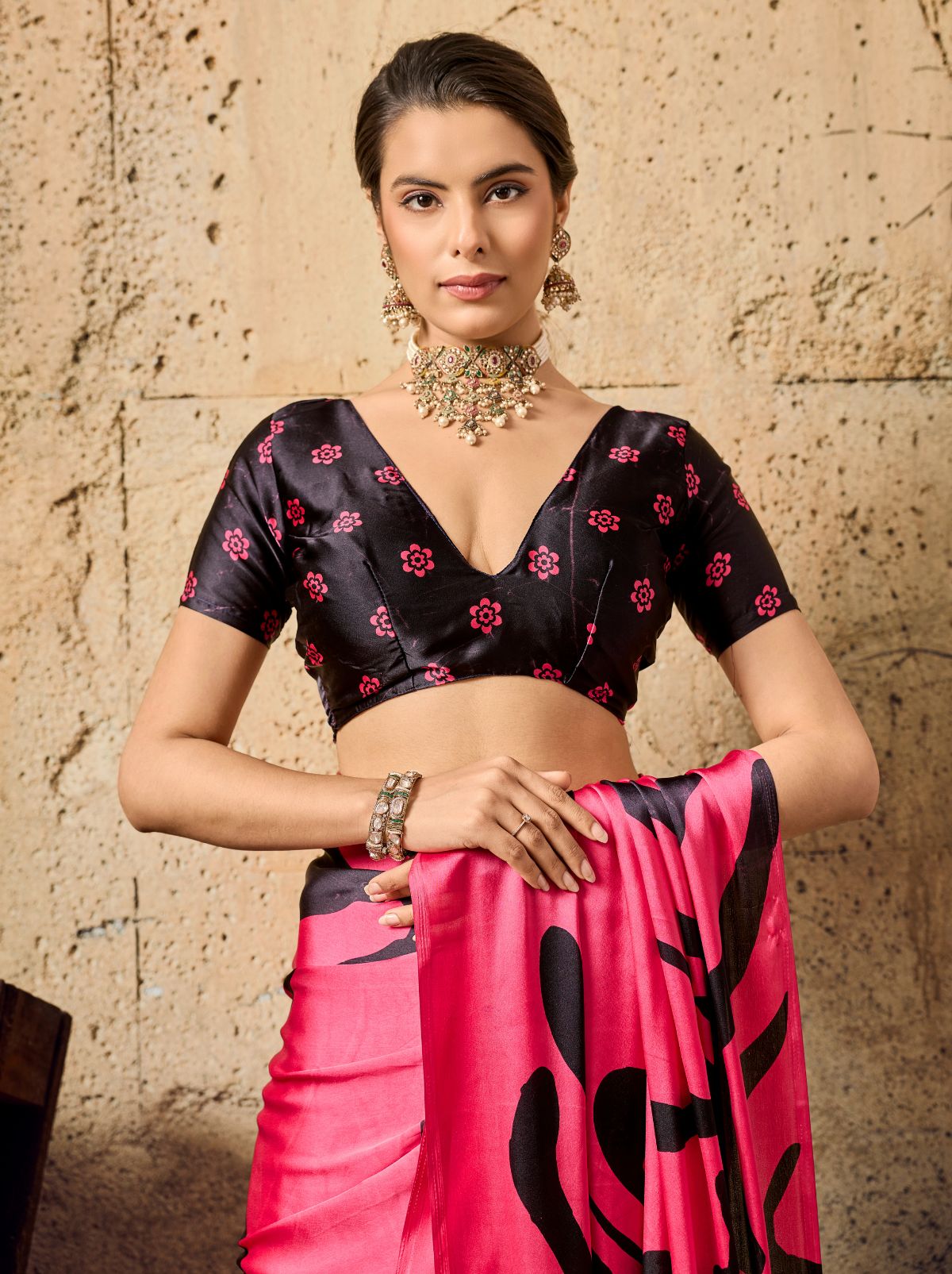 Magenta Pink Premium Modal Satin Silk Saree With Blouse Piece