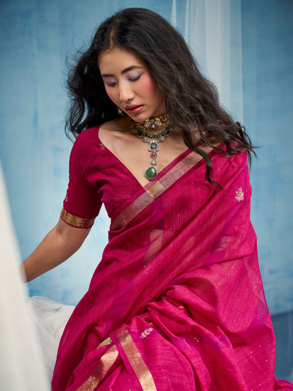 Cerise Pink Premium Munga Silk Ethnic Saree With Tassels