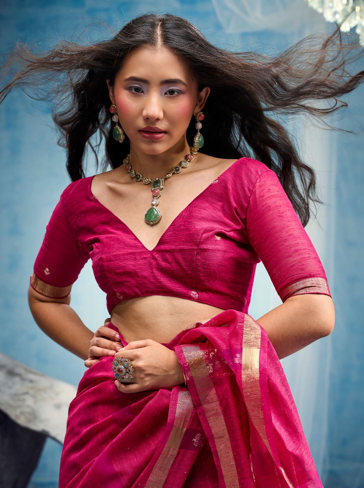 Cerise Pink Premium Munga Silk Ethnic Saree With Tassels