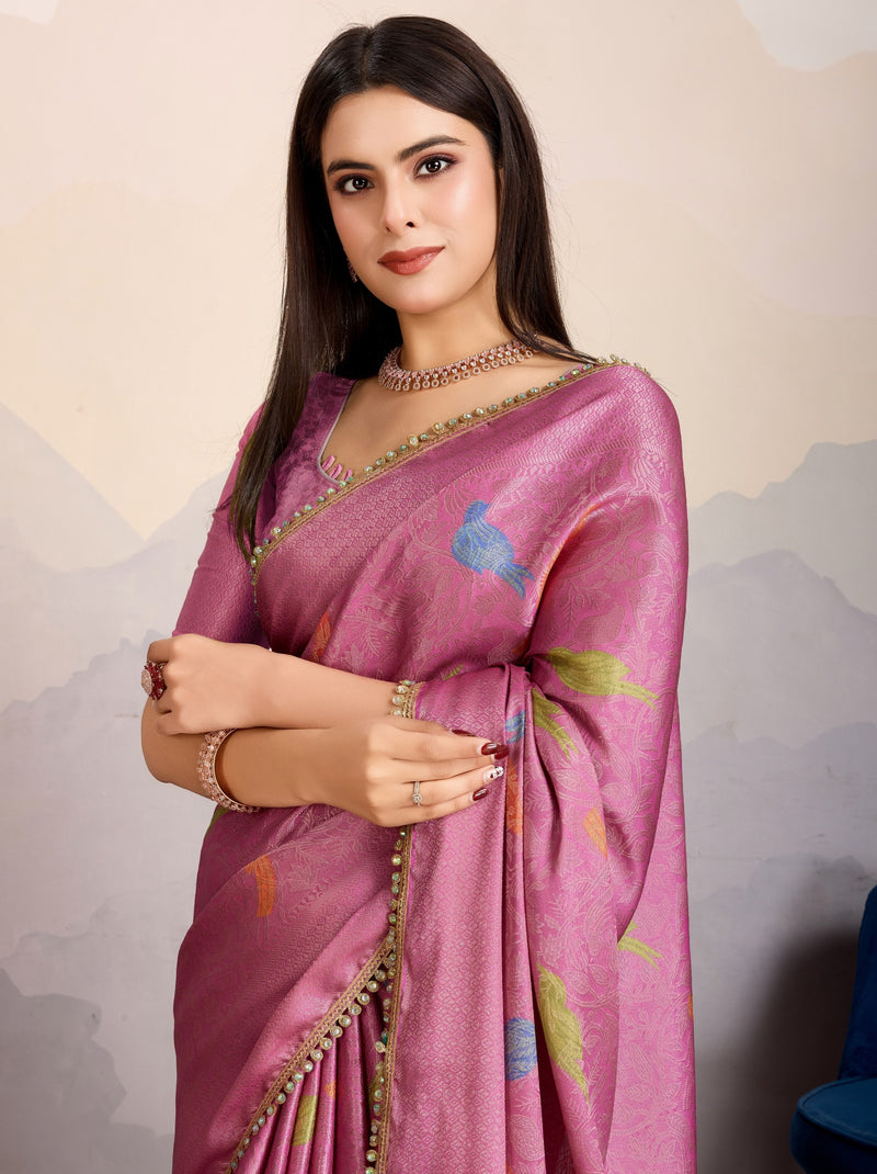 Wild Orchid Pink Premium Mysore Silk Designer Saree