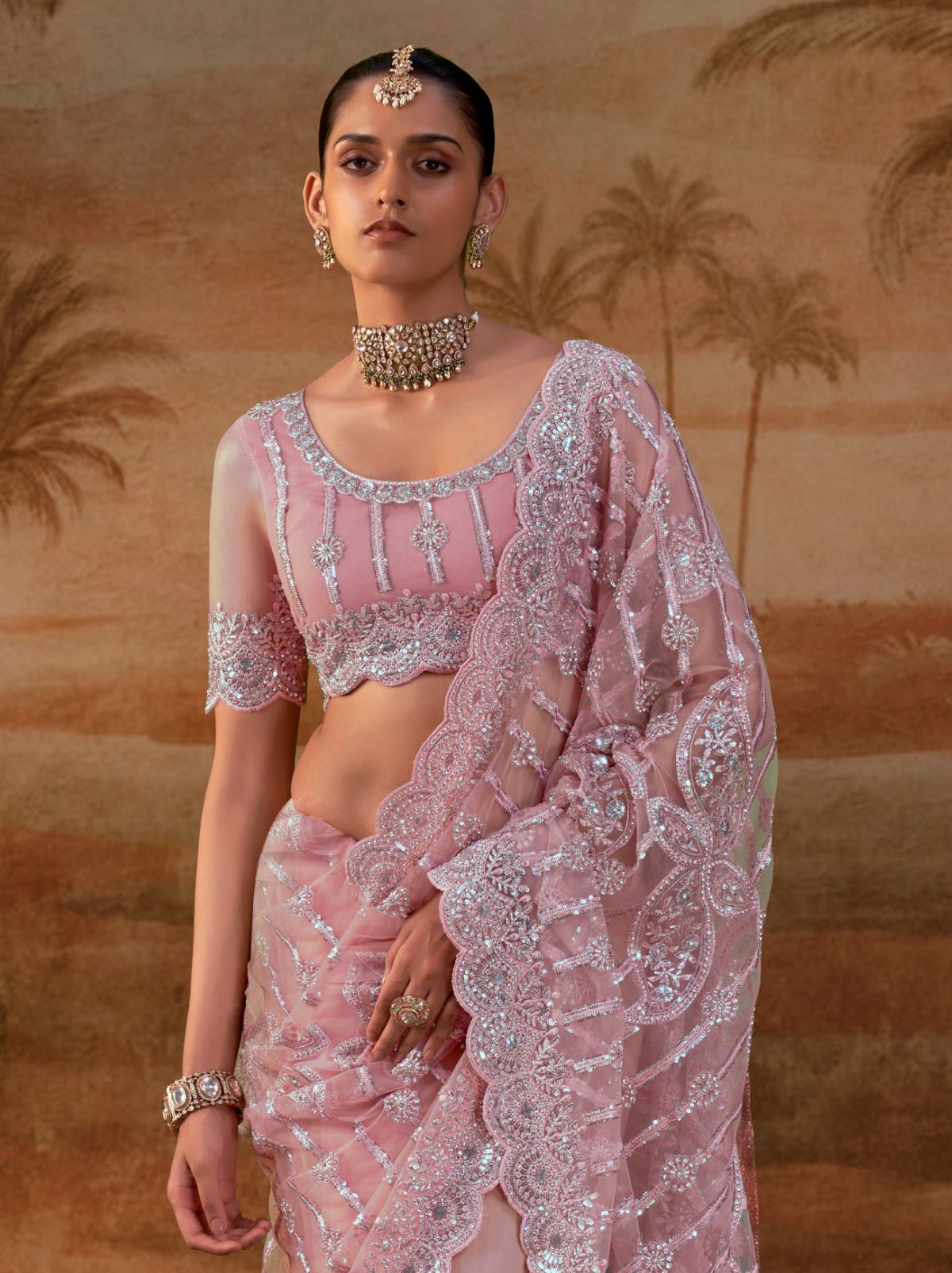 Candy Floss Pink Premium Net Saree with Heavy Embroidery & Zarkan Work