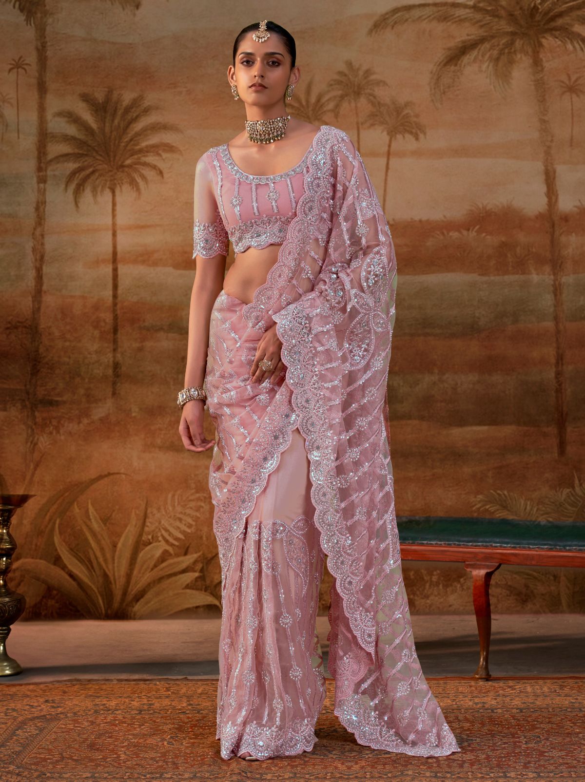 Candy Floss Pink Premium Net Saree with Heavy Embroidery & Zarkan Work