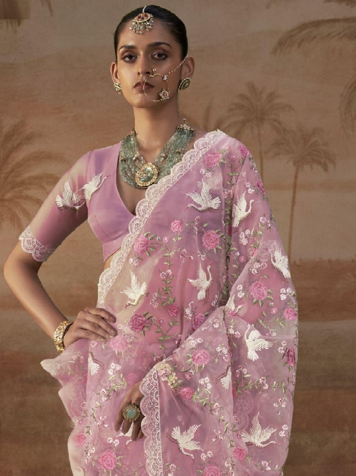Light Pink Premium Organza Silk Saree with Floral Embroidery