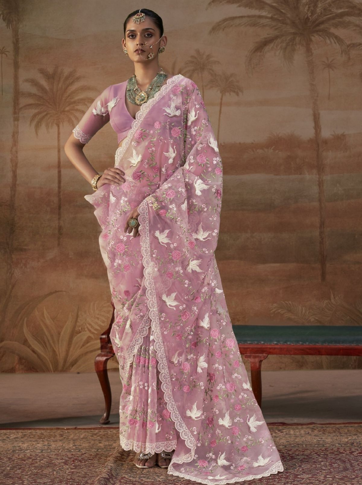 Light Pink Premium Organza Silk Saree with Floral Embroidery