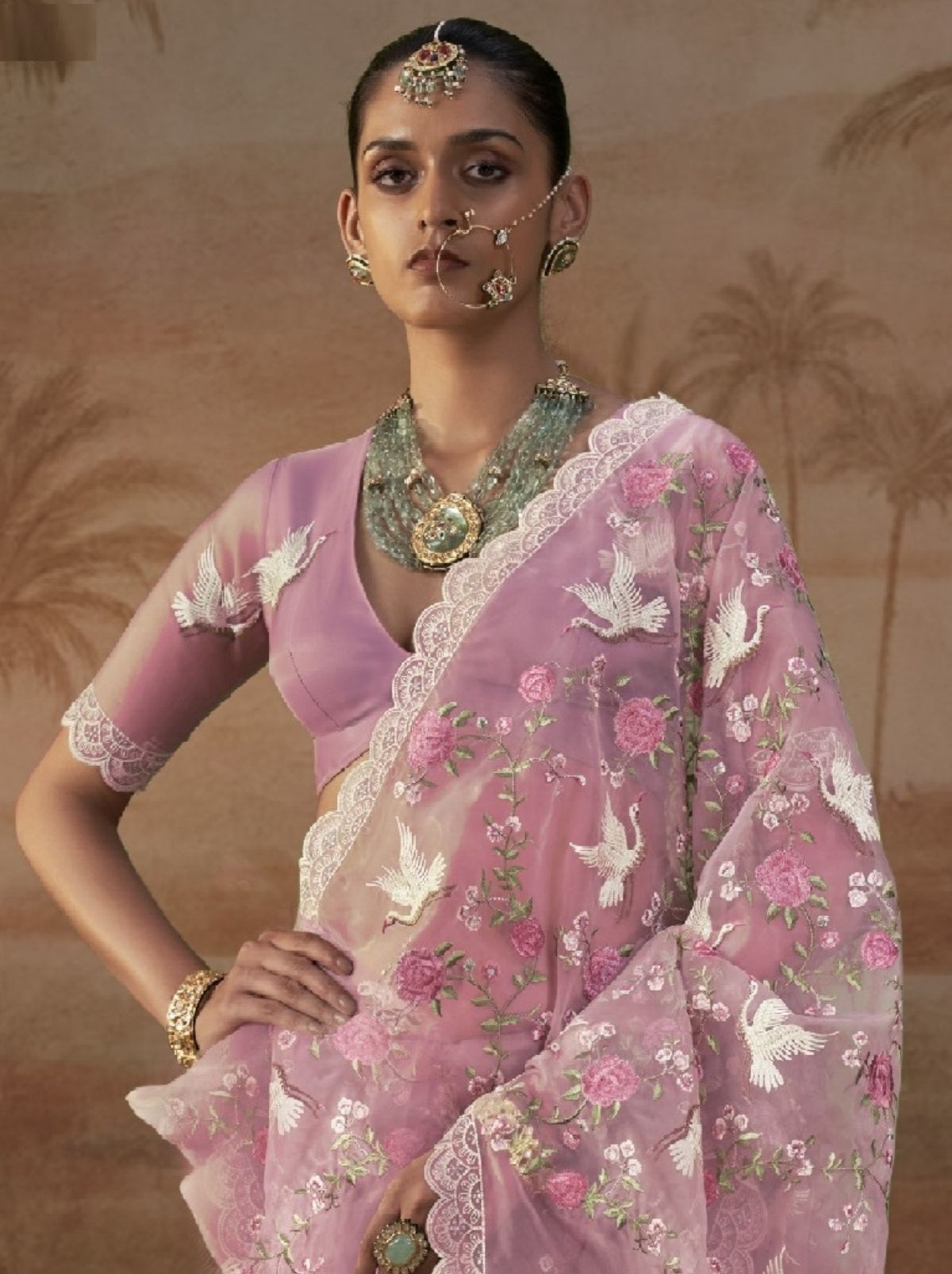 Pastel Pink Premium Organza Silk Saree with Floral Embroidery